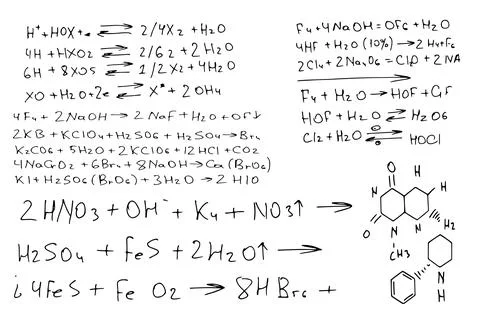 Chemical formulas . the scientific educational background is hand-drawn on a Stock Illustration
