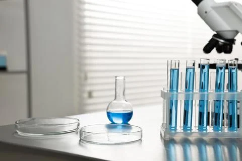 Chemical glassware and microscope on table in laboratory. Space for text Stock Photos