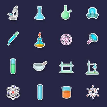 Chemical lab icons set vector sticker Stock Illustration