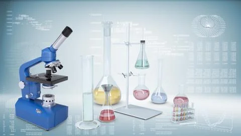 Chemical laboratory equipment. Microscope, flasks and test tubes 스톡 일러스트