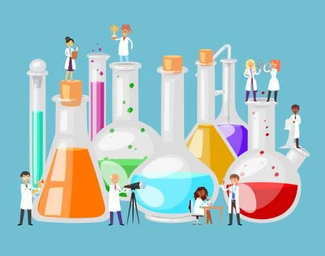 Chemical laboratory experiments in science, test tube, flask and scientists Stock Illustration