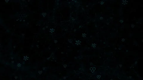 Chemical molecular grid visual with glowing teal formulas, hexagon structures, c Stock Footage 340553131