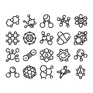 Chemical molecule structure and atomic science icons set Stock Illustration