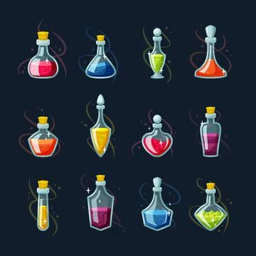 Chemical potion magic vials set. Red elixir regeneration and magic mana Stock Illustration