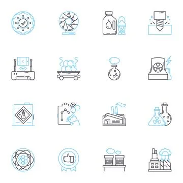 Chemical processing linear icons set. Synthesis, Reactor, Distillation, ion Stock Illustration