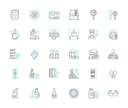 Chemical processing linear icons set. Synthesis, Reactor, Distillation, ion Stock Illustration