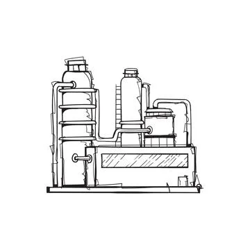 Chemical Processing Plant with Columns and Pipelines Hand Drawn Vector Illustrazione stock