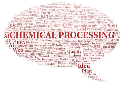Chemical Processing typography word cloud create with the text only. Illustrazione stock