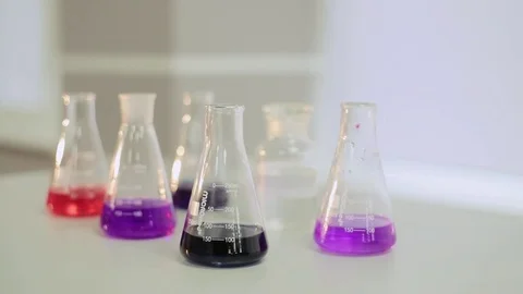 Chemical reagents in the laboratory on the table Stock Footage 75307248