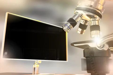 Chemical research concept, lab microscope and monitor with flare Stock Illustration