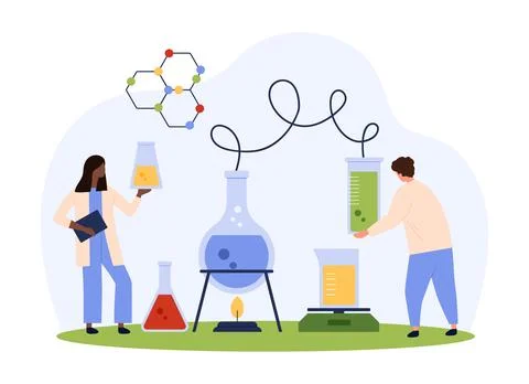 Chemical research in laboratory, tiny scientists boiling liquid in flasks on イラスト素材