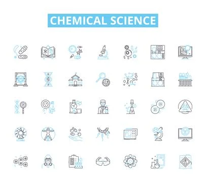 Chemical science linear icons set. Reactivity, Molecules, Elements, Compounds Ilustración de archivo