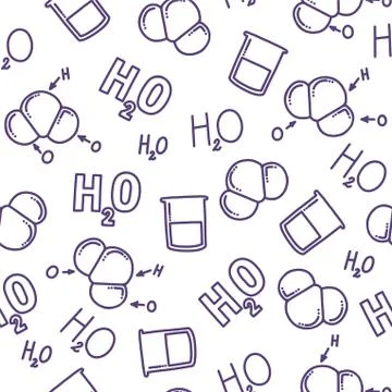 Chemical seamless pattern with H2O. Molecule, liquid and chemical formula of Stock Illustration