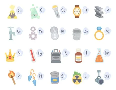 Chemical set featuring sulfur volcano chlorine Stock Illustration