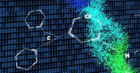 Chemical structure and binary code, data processing image 스톡 일러스트