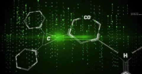 Chemical structure and binary code image over green background Stock Illustration