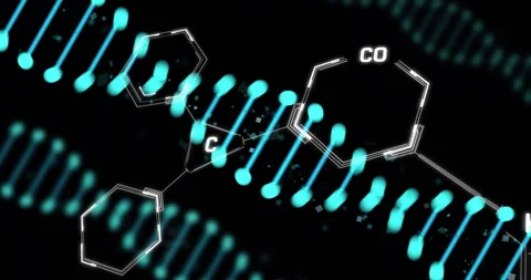 Chemical structure and DNA strand animation over black background Stock Footage 306432911