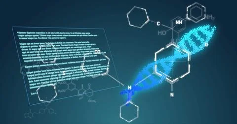 Chemical structure and molecular data image over scientific text and DNA strand Stock Illustration