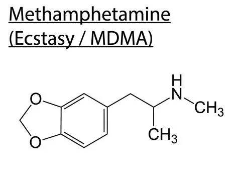 Chemical structure of Methamphetamine (Ecstasy or MDMA) on a white background. Stock Illustration