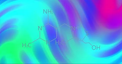 Chemical structure of molecule over colorful, swirling image background Stock Illustration