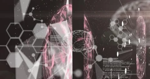 Chemical structures and 3D brain model against data processing Stock Illustration