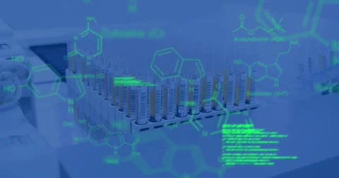 Chemical structures and data processing against bunch of test tubes at Stock Footage 329419436