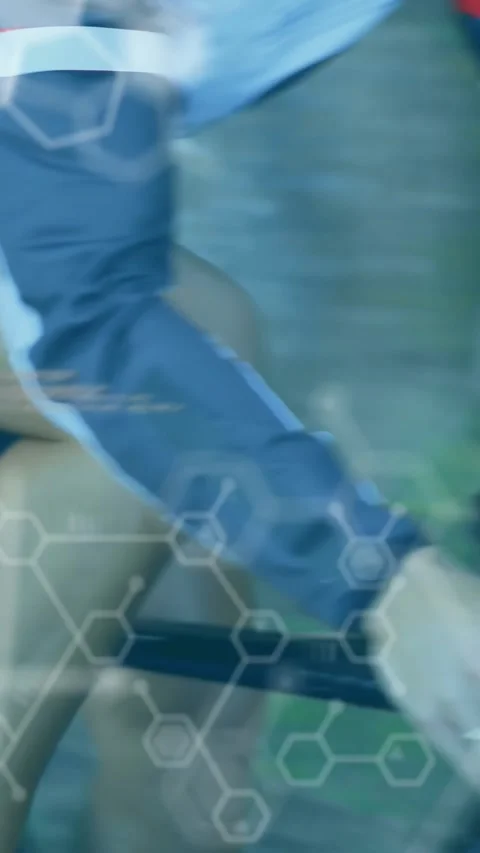 Chemical structures and data processing against woman cycling on the road Stock Footage 343641514