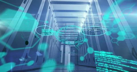 Chemical structures and data processing against empty server room Stock Photos