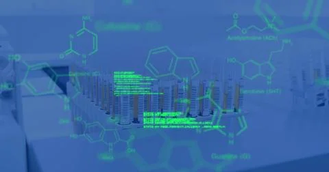 Chemical structures and data processing against bunch of test tubes at Foto stock