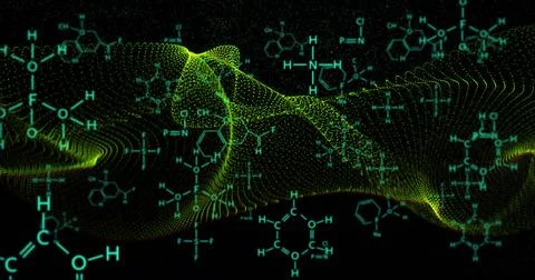 Chemical structures and molecular bonds over dynamic green wave image Illustration