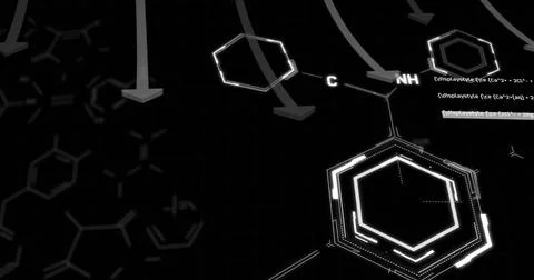 Chemical structures and molecular bonds image over black background with Stock Illustration