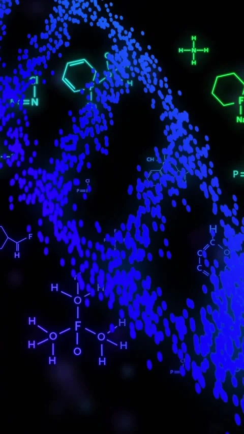 Chemical structures and molecular formulas over DNA strand animation Video stock 342595261