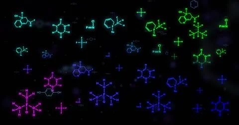 Chemical structures and molecular formulas image over dark background 스톡 일러스트