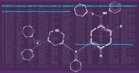 Chemical structures floating over digital interface with data processing against Illustrazione stock