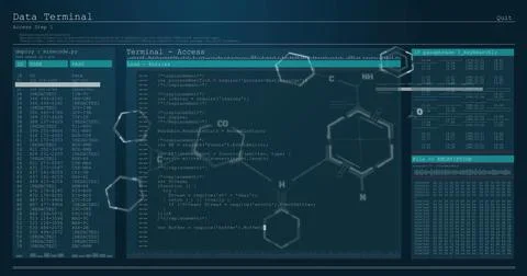 Chemical structures floating over digital interface with data processing against Stock Photos