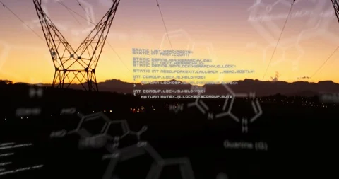 Chemical structures with program codes and a background of transmission towers Stock Footage 111417167