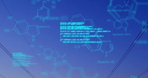 Chemical structures with program codes and a background of transmission towers Stock Footage 111424880