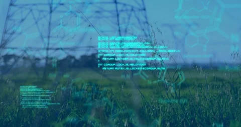 Chemical structures with program codes and a background of transmission towers Stock Footage 111432806