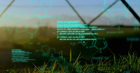 Chemical structures with program codes and a background of transmission towers Stock Footage 111445399