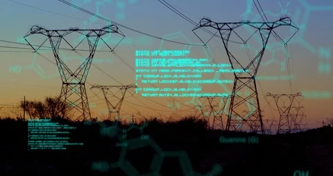 Chemical structures with program codes and a background of transmission towers Stock Footage 111448005