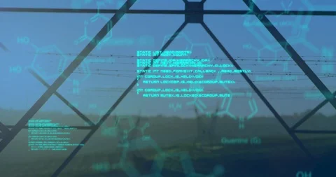 Chemical structures with program codes and a background of transmission towers Stock Footage 111450484