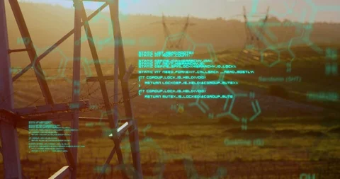 Chemical structures with program codes and a background of transmission towers Stock Footage 111457410