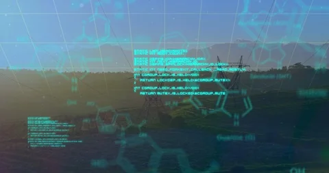 Chemical structures with program codes and a background of transmission towers Stock Footage 111483583