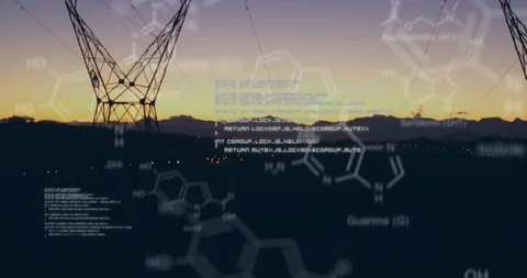 Chemical structures with program codes and a background of transmission towers Stock Footage 111491091