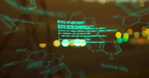 Chemical structures with program codes and a background of transmission towers Stock Footage 111494531