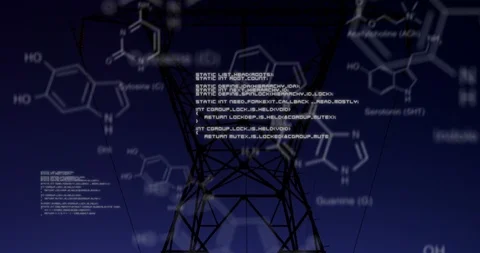 Chemical structures with program codes and a background of transmission towers Stock Footage 111973757