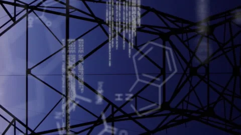 Chemical structures with program codes and a background of transmission towers Видео 314607891