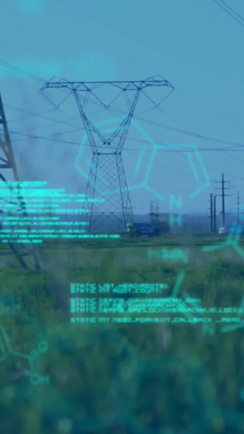 Chemical structures with program codes and a background of transmission towers Vidéo 342097865