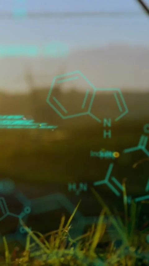 Chemical structures with program codes and a background of transmission towers Vidéo 342097867