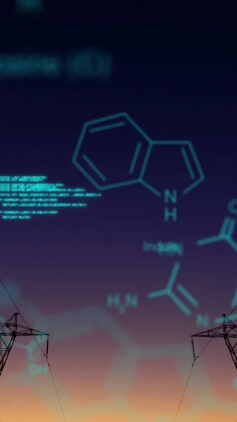 Chemical structures with program codes and a background of transmission towers Vidéo 342097871
